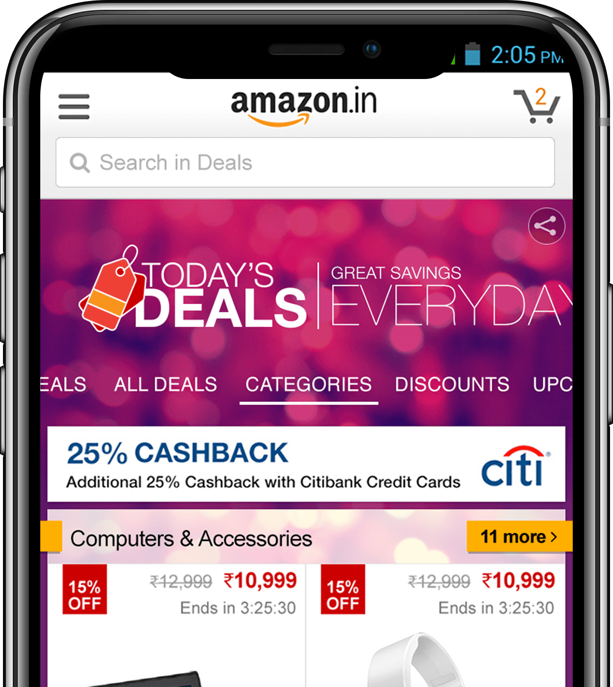 Amazon India Deals screen on mobile showing Today's Deals with Great Savings Everyday banner and category browsing