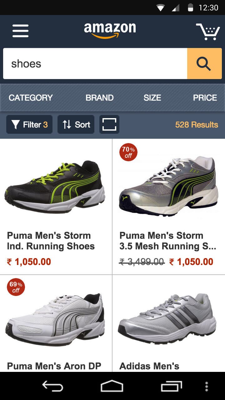 Amazon India mobile search results for shoes with category, brand, size, and price filters, a result count, and discount badges