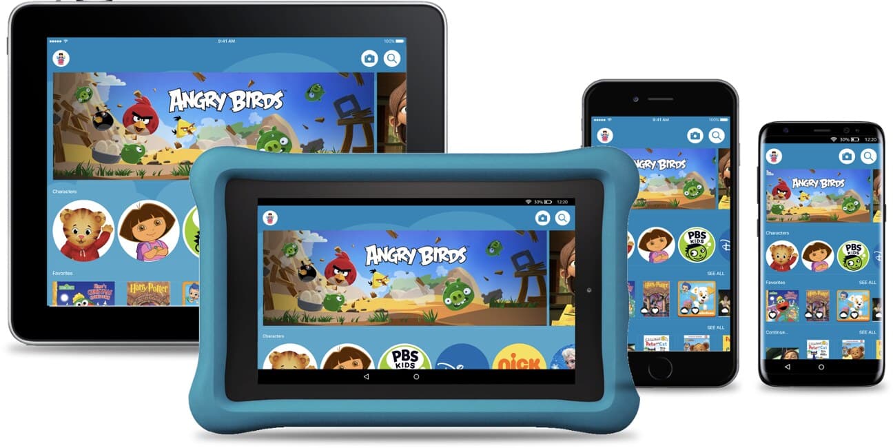 Responsive grid diagram showing one Amazon Kids layout adapting across iPad, Fire tablet, and phone screen sizes