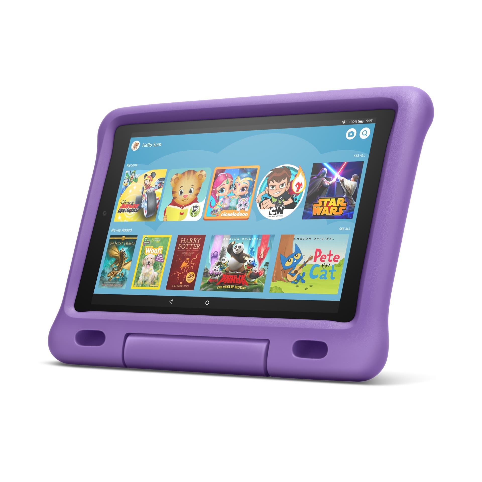 Fire HD 10 Kids Edition in purple case showing the Amazon Kids home screen with Recent and Newly Added content rows including Daniel Tiger, Star Wars, Harry Potter, and Pete the Cat