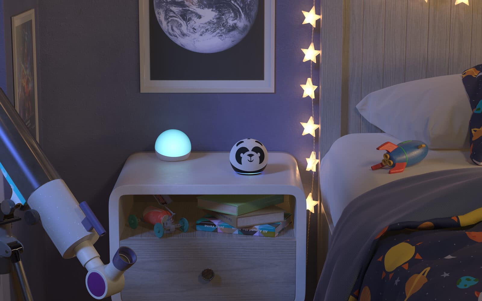 Echo Dot Kids Edition with Panda design on a space-themed background