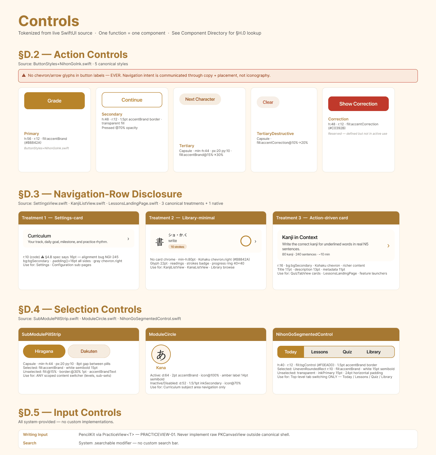 NihonGo Ink Controls specification page showing four sections: Action Controls with five canonical button styles, Navigation-Row Disclosure with three treatments, Selection Controls with pill strip, module circle, and segmented control, and Input Controls covering writing input and search