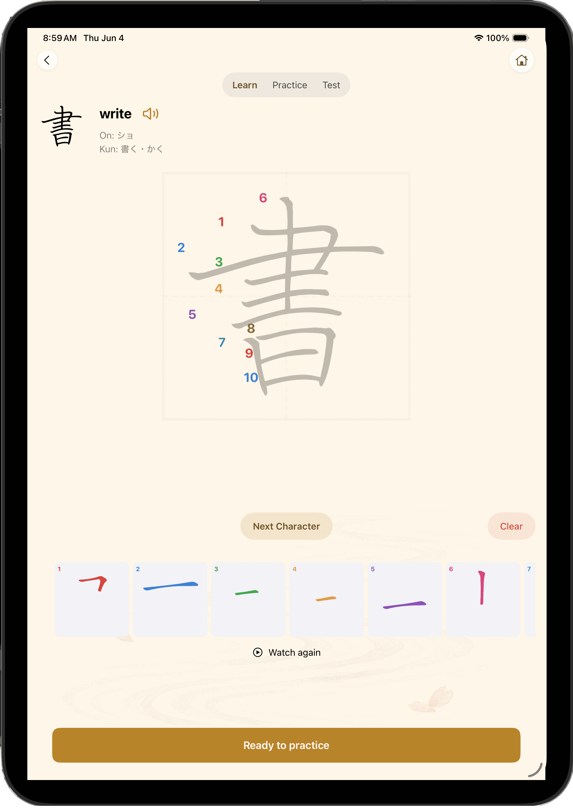 NihonGo Ink Learn mode on iPad showing the kanji 書 (write) with ten numbered strokes and a color-coded stroke thumbnail strip below