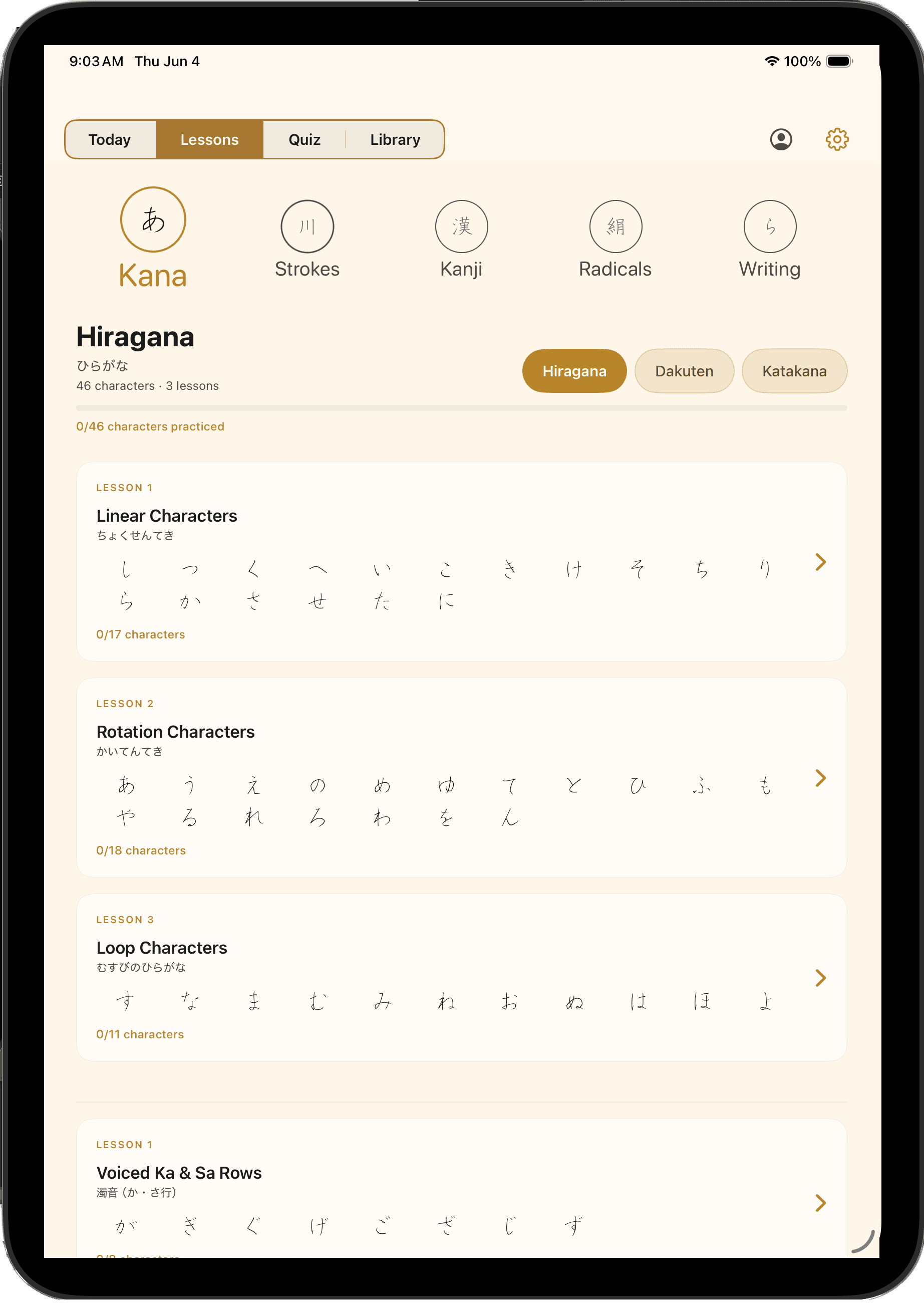 NihonGo Ink Lessons screen on iPad showing the Kana subject with five module tabs (Kana, Strokes, Kanji, Radicals, Writing), Hiragana selected, and four grouped lessons: Linear Characters, Rotation Characters, Loop Characters, and Voiced Ka and Sa Rows